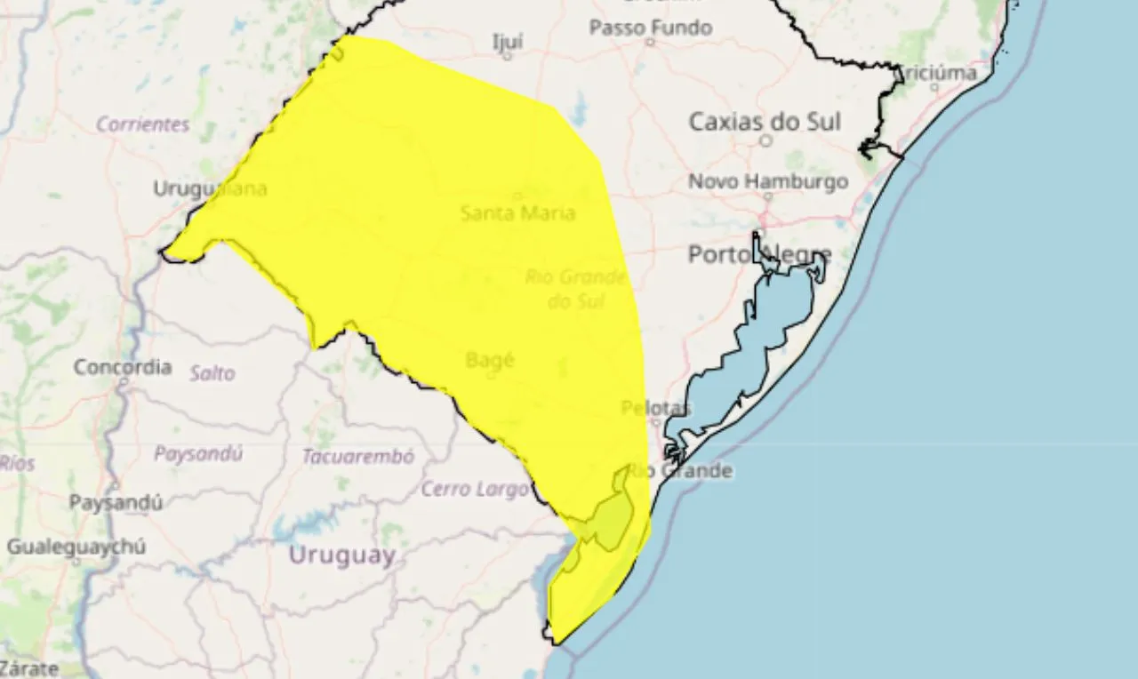 A imagem mostra as áreas em alerta para tempestade em partes do Rio Grande do Sul